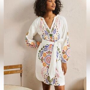 Boden White Floral Long Sleeve Linen Tunic Dress